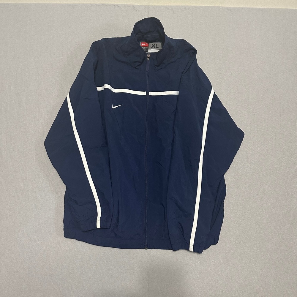 VTG Nike Team Mens Navy Blue White Piping Full Zip Windbreaker Mesh Lined Jacket